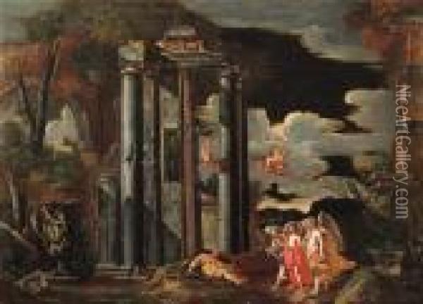 Abramo E Gli Angeli Oil Painting - Giovanni Ghisolfi