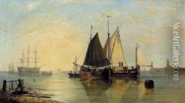 Hollandische Hafenpartie Mit Segelschiffen. Oil Painting - Louis Timmermans