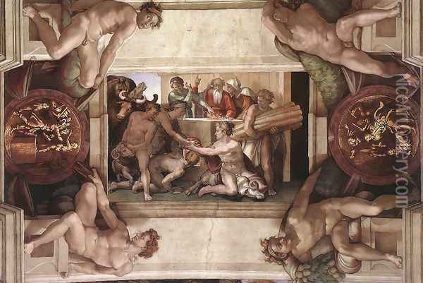 Sacrifice of Noah (with ignudi and medallions) 1509 Oil Painting - Michelangelo Buonarroti