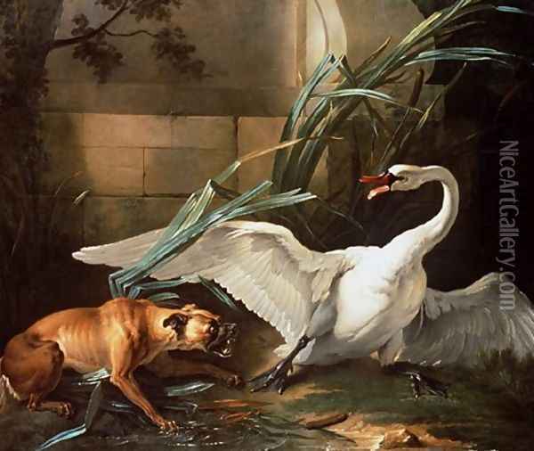 Swan Attacked by a Dog Oil Painting - Jean-Baptiste Oudry