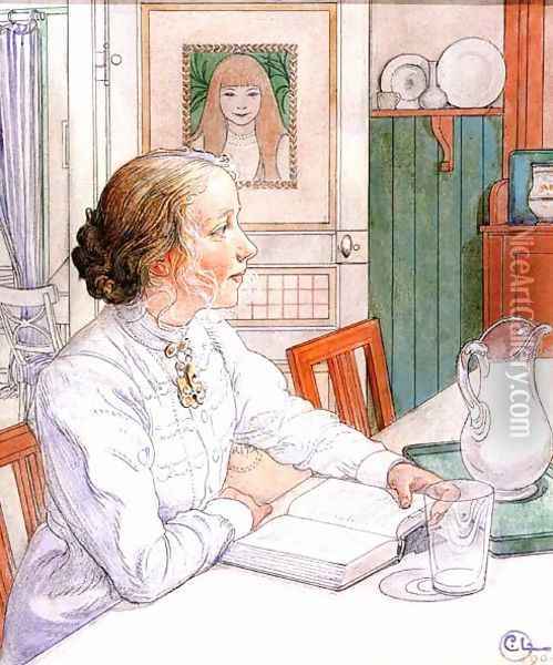 Suzanne With Milk And Book Oil Painting - Carl Larsson