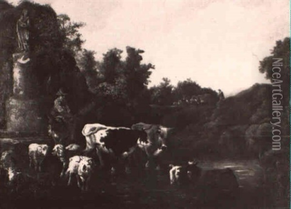 Hirt Mit Kuhen, Ziegen, In Einem Kleinen Wasserlauf Stehend Oil Painting - Michiel (Carree) Carre