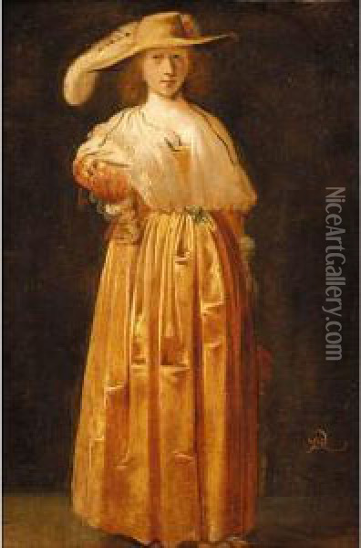 Portrait Of A Lady, Full Length, Wearing An Orange Silk Dress And A Silk Shawl Oil Painting - Pieter Jansz. Quast