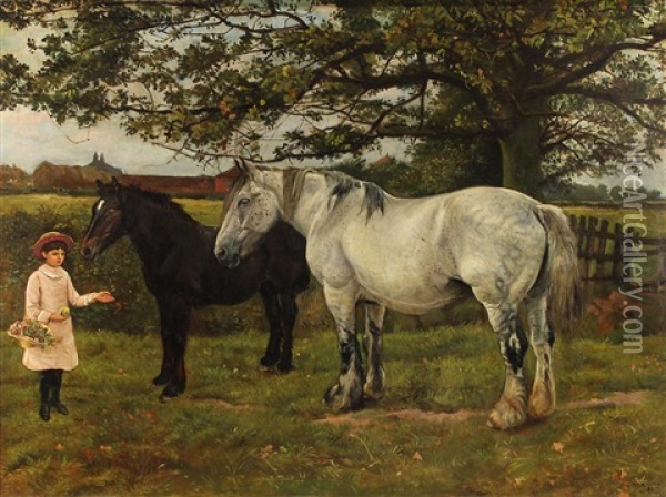Feeding The Horses, 1882 Oil Painting - William Edward Millner