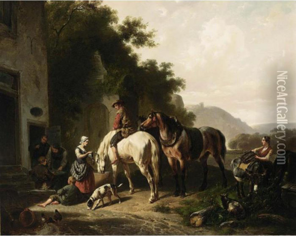 Travellers With Horses Near An Inn Oil Painting - Wouterus Verschuur