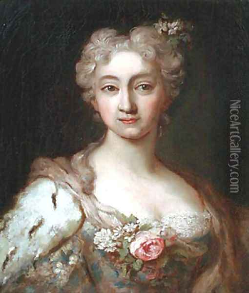 Portrait of an elegant lady, bust-length, in a dress set with lace and flowers with an ermine wrap and flowers in her hair Oil Painting - Jean-Marc Nattier