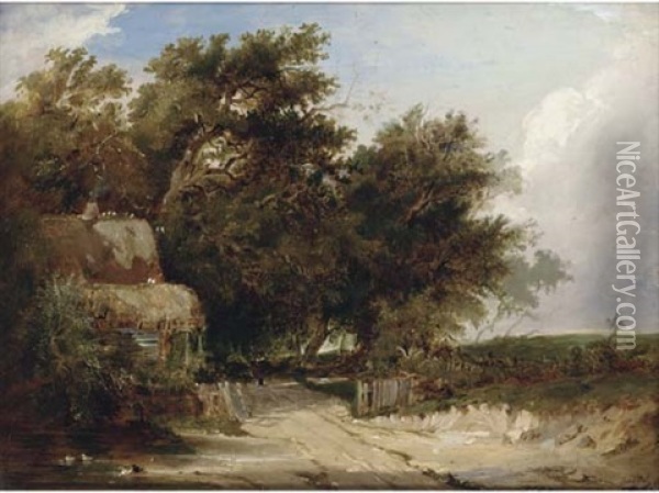 A Rural Track, With A Figure And Cottage Beyond Oil Painting - Henry Jutsum