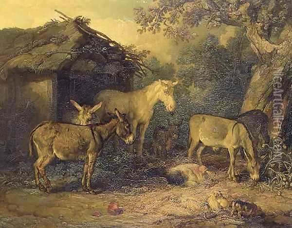 Donkeys, horse and pigs by a barn in a farmyard Oil Painting - James Ward