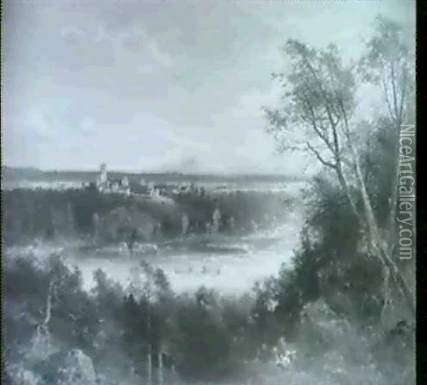 Das Isartal Mit Blick Auf Burg Grunwald Oil Painting - Ferdinand Feldhuetter