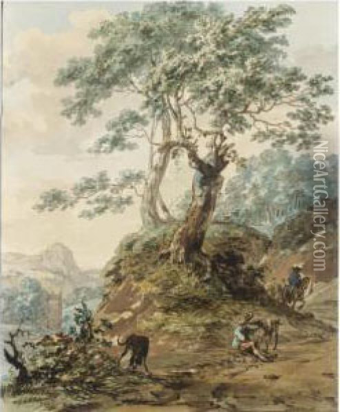 A Hilly Landscape With A Seated Traveller And Two Dogs, And Three Horsemen Approaching Oil Painting - Hermanus Numan
