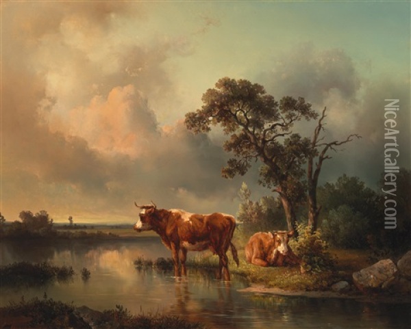 Cows Resting By The Pond Oil Painting - Edmund Mahlknecht