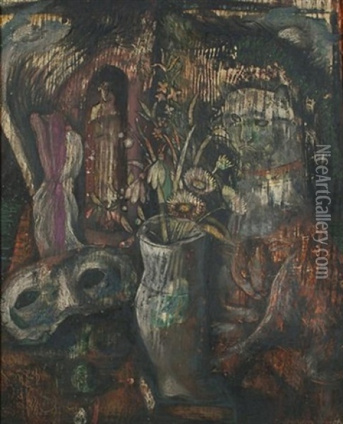 Still Life With Flowers And Cats (+ A Garden Scene, Verso) Oil Painting - Denton Welch