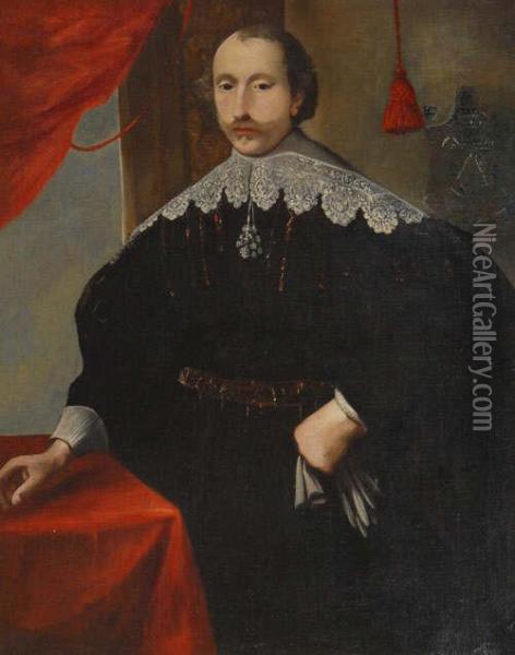 Portrait Of A Gentleman Half-length Standing Oil Painting - Jan Anthonisz Van Ravesteyn