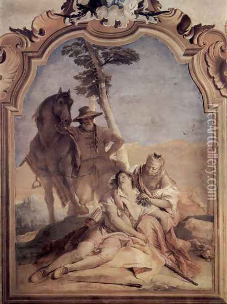 Frescoes in the Villa Vallmarana, Vicenca, scene, Angelica, in the company of a shepherd, maintains Oil Painting - Giovanni Battista Tiepolo