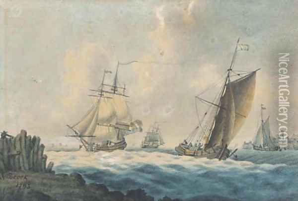 Dutch shipping off a fortified town Oil Painting - Nicholas Pocock