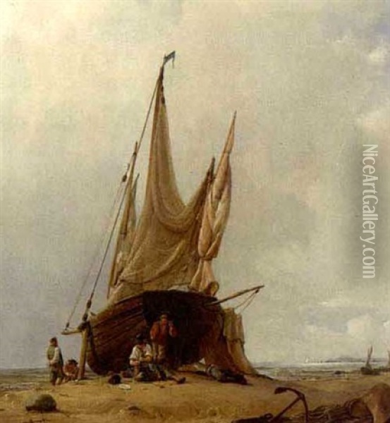 Figures By A Beached Sailing Vessel Oil Painting - Jacob Jacobs