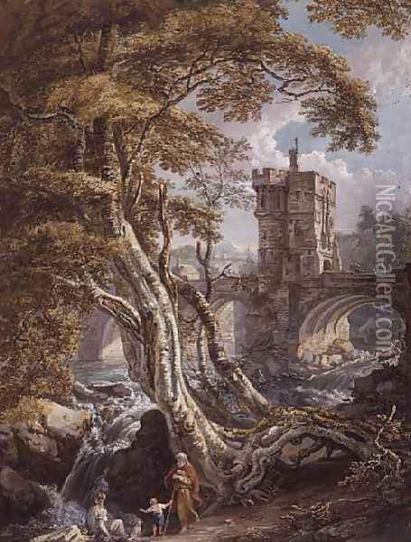 View of the Old Welsh Bridge, Shrewsbury, c.1770 Oil Painting - Paul Sandby