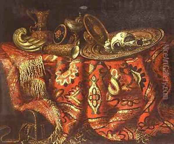 A nautilus cup a paten ewers and a gilt dish on a carpet draped over a ledge Oil Painting - Francesco (Il Maltese) Fieravino