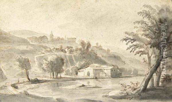 An Italian Village On A Hill Seen From A River Bank Oil Painting - (circle of) Wittel, Gaspar van (Vanvitelli)