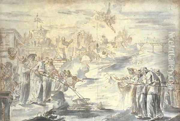 A satire on the election of a pope Groups of Spanish and French cardinals on either side of a river fishing for the papal tiara, with an angel bringi Oil Painting - Pier Leone Ghezzi