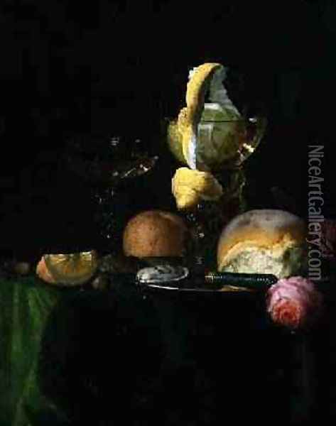 Still Life with a Peeled Lemon in a Roemer Oil Painting - Simon Luttichuys
