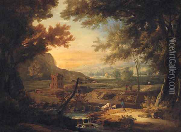 An extensive Italianate landscape with a herdsman by a stream Oil Painting - Marco Ricci