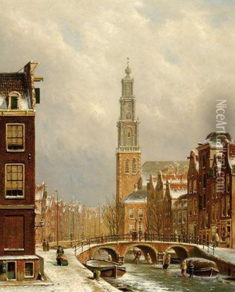 View Of Amsterdam In The Winter Oil Painting - Oene Romkes De Jongh