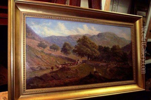 Cattle And Figures In A Mountain Landscape Oil Painting - John Holland