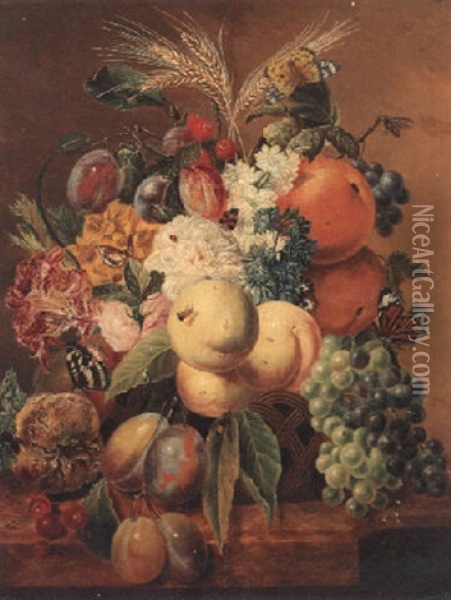 Plums, Peaches, Oranges, Grapes, Cherries, Ears Of Corn, Flowers, With Butterflies And Insects In A Basket On A Ledge Oil Painting - Paul Theodor van Bruessel