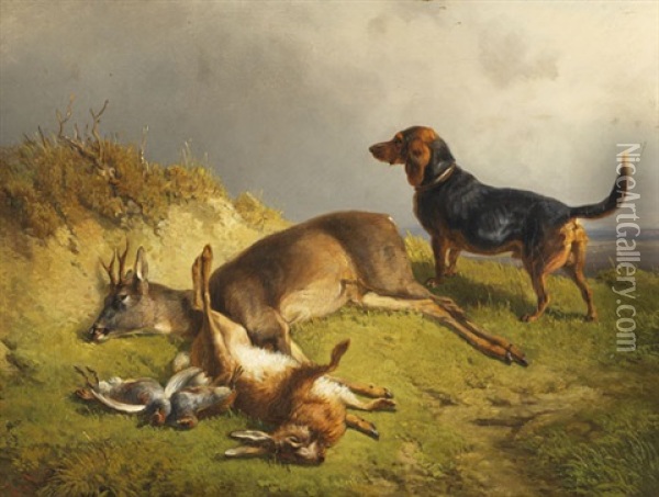 Erlegtes Wild Und Jagdhund Oil Painting - Ludwig Gustav Voltz