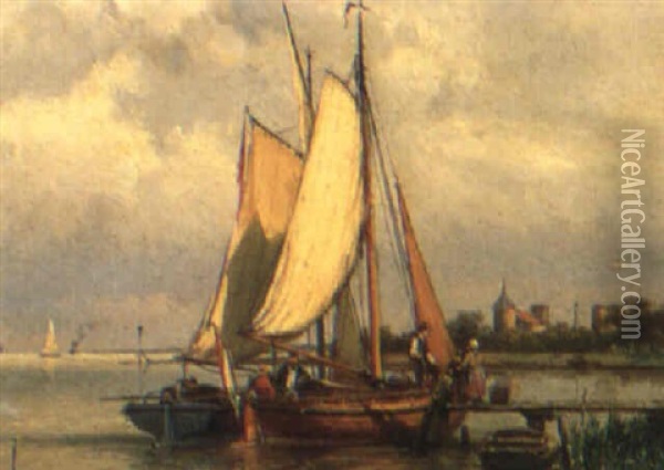 Yachts Near The Muiderslot Castle Oil Painting - Johannes Hermanus Barend Koekkoek