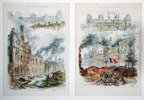 Views of the Tuileries Palace and the Hotel de Ville before and after the fires of 1871 Oil Painting - Coindre, Victor