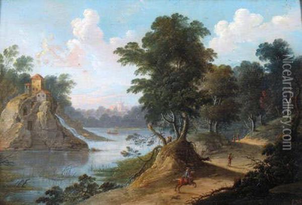 A River Landscape With A Horseman On The Road Oil Painting - Joseph van Bredael