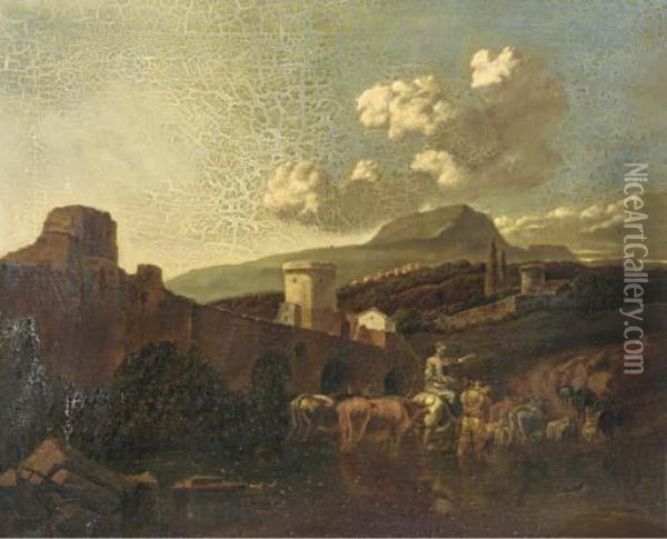 An Italianate Landscape With Drovers And Their Cattle Fording Ariver Oil Painting - Nicolaes Berchem