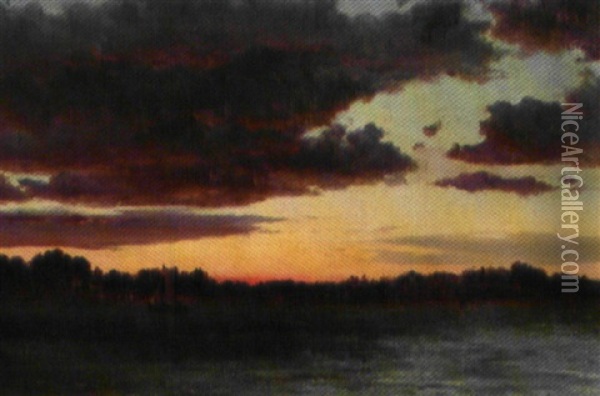 Marine Med Sejlskib Ud For Kysten, Ved Solnedgangstide Oil Painting - Vilhelm Melbye
