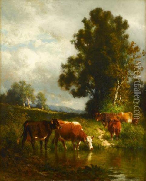 Cattle Watering At Sunset Oil Painting - William M. Hart