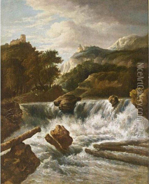 A Scandinavian Landscape With A Waterfall, Castles Beyond Oil Painting - Jacob Van Ruisdael