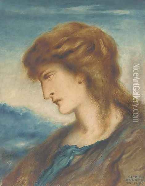Study of a woman, bust-length in profile to the left, wearing a brown and blue dress Oil Painting - Simeon Solomon