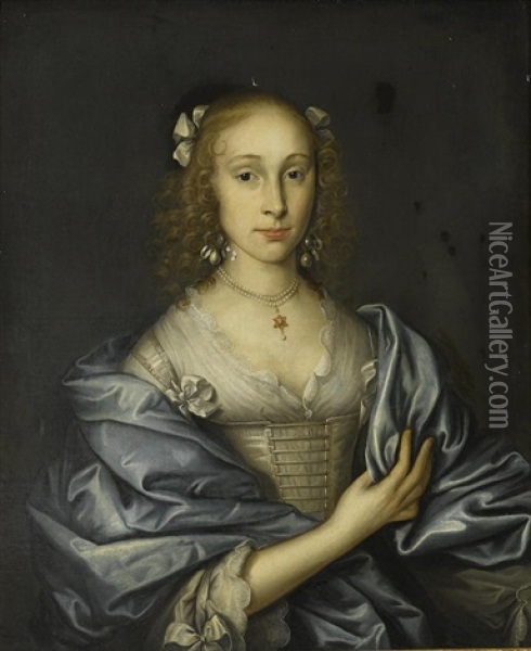 A Portrait Of A Lady, Half-length, In A White Dress And Blue Wrap Wearing A Pearl Necklace With A Six Pointed Star Pendant Oil Painting - John Michael Wright