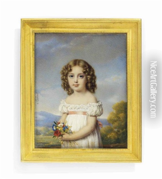 A Child, In White Off-the-shoulders Dress With Pink Sash, Holding A Bouquet Of Flowers, Fair Hair Dressed In Ringlets; Landscape Background Oil Painting - Daniel Saint