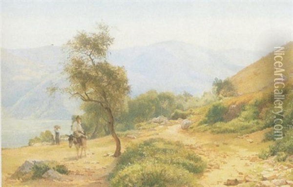 Italiensk Bjerglandskab Med Mand Pa Aesel Samt Kvinde Med Barn Oil Painting - Edvard Frederik Petersen