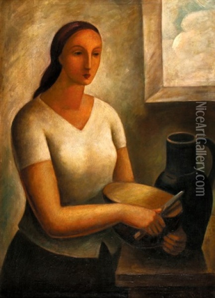 Divka S Chlebem Oil Painting - Jaroslav Kral