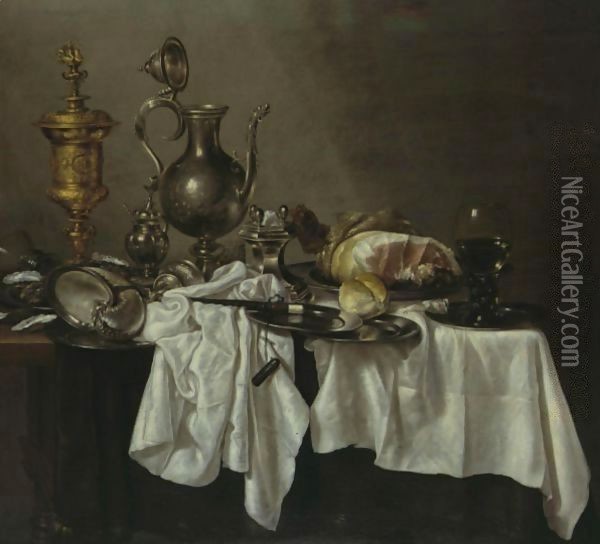 Still Life With A Silver Ewer, A Silver-Gilt Covered Cup, A Ham, A Salt, A Roemer, A Nautilus Shell And Other Objects, All On A Cloth-Draped Table Oil Painting - Willem Claesz. Heda