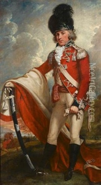 Portrait Of An Officer Of The Queen's Dragoon Guards, Standing-full-length, Holding A Sword, A Horse And Groom In A Landscape Beyond Oil Painting - Sir John Hoppner