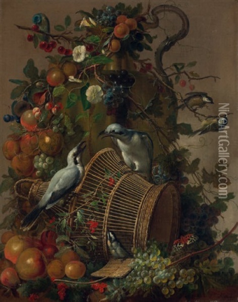 Stilleben Mit Vogeln, Blumen, Fruchten Und Schmetterling Oil Painting - Jacobus Vonck