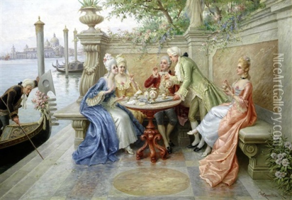 Tea Party, Venice Oil Painting - Carlo Ferranti