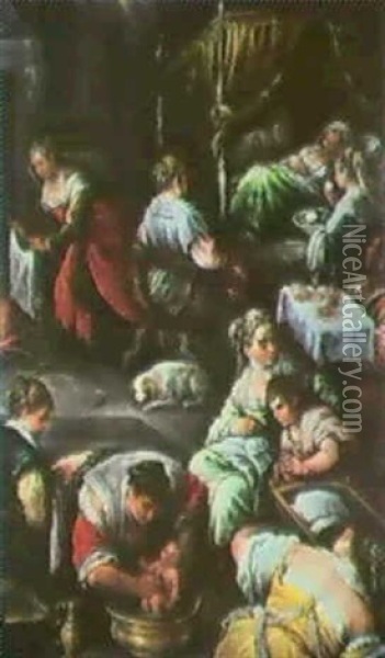 Geburt Mariens In Der Wochenb-ettstube Oil Painting - Leandro da Ponte Bassano