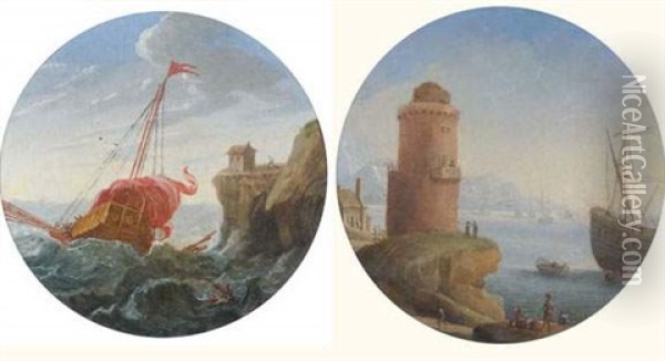 Bateaux Dans Une Tempete (+ Port Mediterraneen; Pair) Oil Painting - Orazio Grevenbroeck