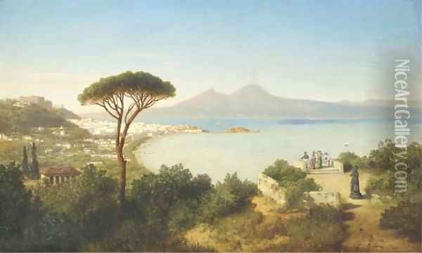 Elegant ladies overlooking the bay of Naples, Italy Oil Painting - August Albert Zimmermann
