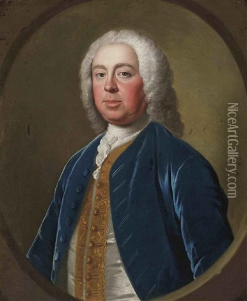 Portrait Of Penistone Powney, M.p., Of Ives Place, Middlesex, In A Blue Velvet Coat, With A Gold-embroidered Waistcoat And A White Stock, In A Sculpted Cartouche Oil Painting - Allan Ramsay